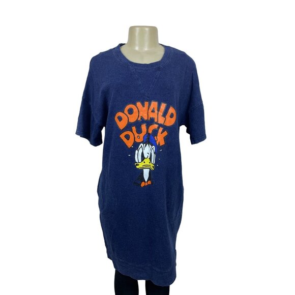 Designed by Korea Donald Duck Women's Short Sleeve Blue Denim Print Dress Sz L - Picture 1 of 8